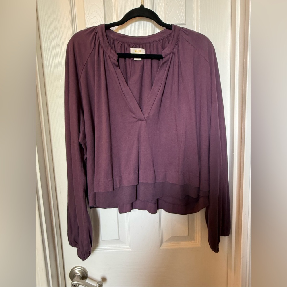 Anthropologie Maeve Purple Split Neck Pleated Blouse Oversized Cropped Peasant